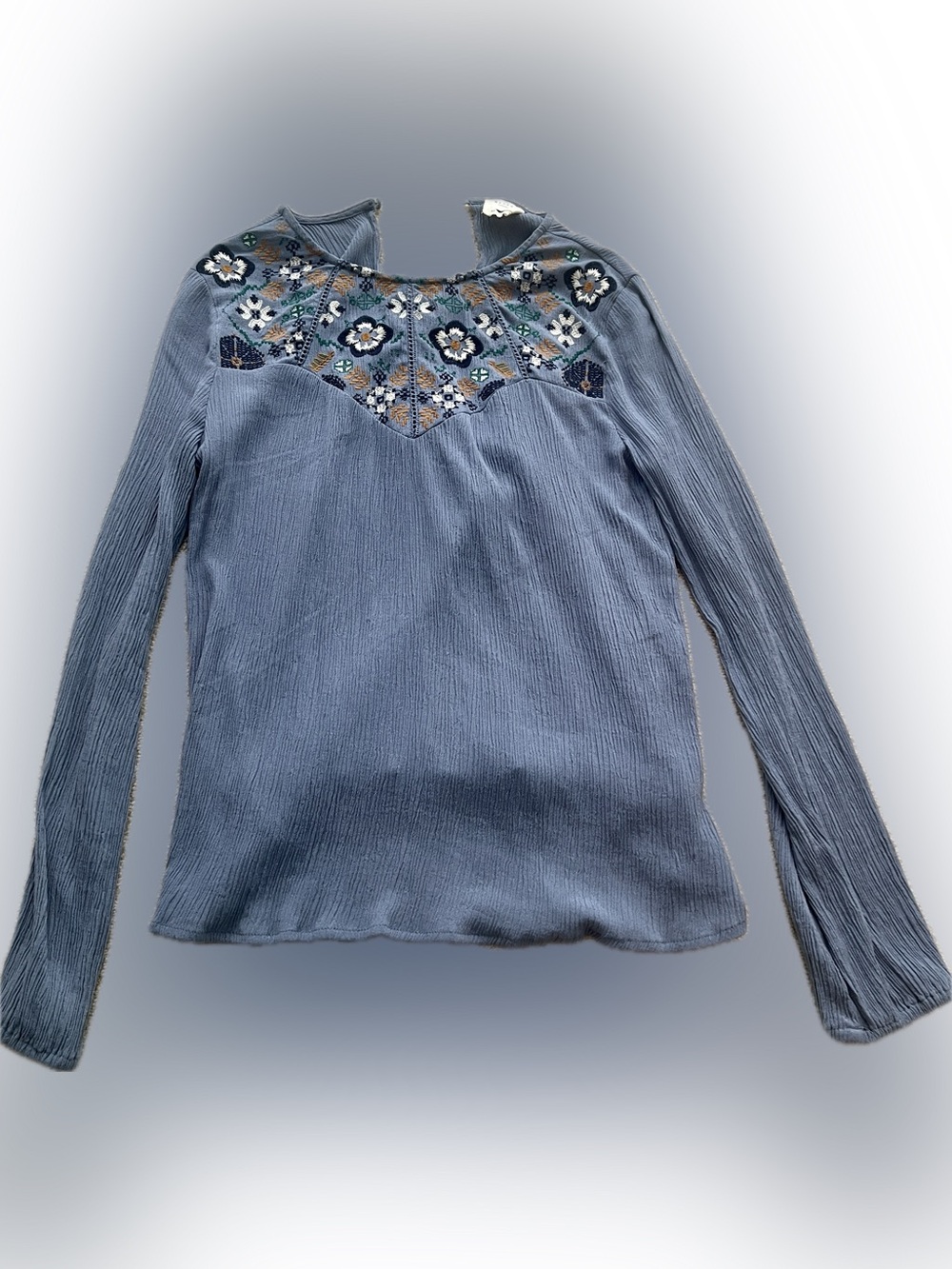 Harper Heritage Blue Embroidered Boho Long Sleeve Blouse Top